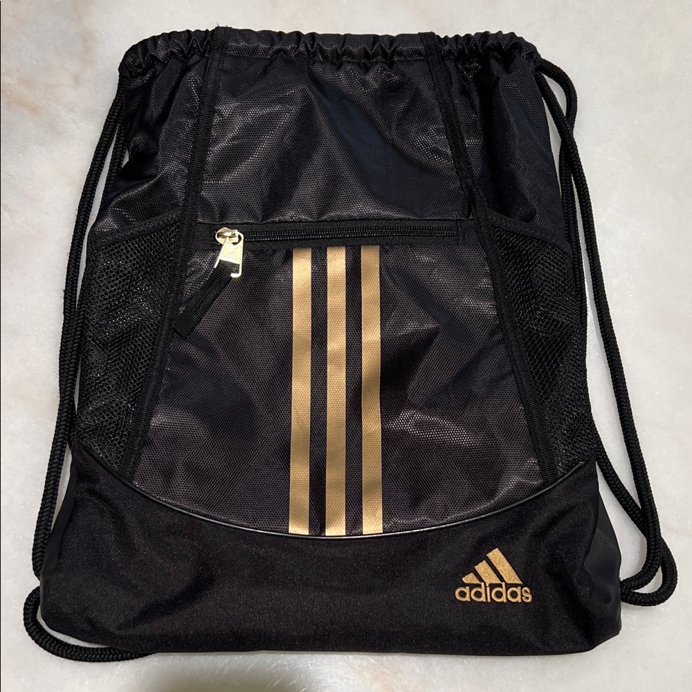 Adidas Black and Gold Drawstring Backpack